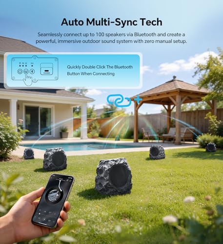 Upgraded Outdoor Rock Speaker 60W Deep Bass Multi-Sync up to 100Pcs, Remote Control, IPX7 Waterproof Solar-Powered Bluetooth Speaker Perfect for Pool, Garden, Patio, Ideal for Music Lovers - 2 Packs