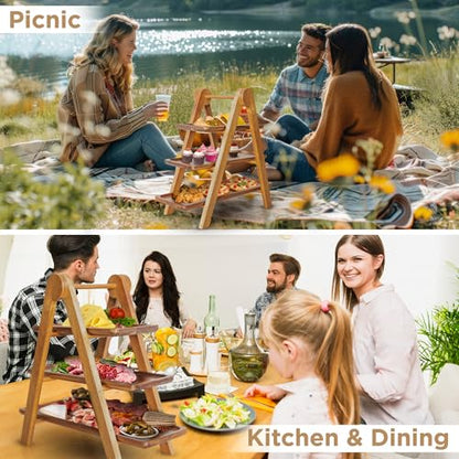 MAJURI 3 Tier Wooden Serving Tray, Halloween Serving Tray, Set of 2 Tongs Free, Tiered Serving Trays for Party, Picnic, Your Perfect Elevated Charcuterie Stand and for 3 Tiered Dessert Stand Lovers