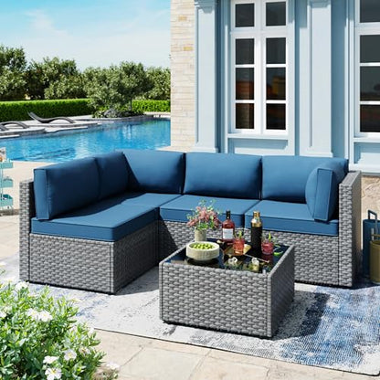 SUNLEI 5 Piece Patio Furniture Sets, Low Back All-Weather Rattan Sectional Sofa with Tea Table&Washable Couch Cushions, Patio Furniture Set (Silver Rattan Aegean Blue, 5 Pcs)