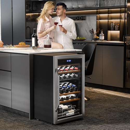 ROVSUN 33 Bottle Wine Fridge, Dual Zone Wine and Beverage Refrigerator with Independent Temp & LED Control Panel, Freestanding Wine Cooler Chiller for Red White Wine, Champagne, Beer