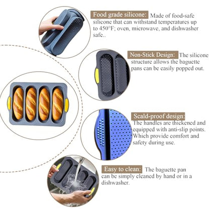 3 PCS Silicone Hamburger Bun Pan and Baguette Pan Set, Non-stick French Bread Baking Mold, 4 Wave French Bread Baking Tray,6 Cup Hamburger Bun Mold with Scraper for Homemade Bread Loaf Sandwich
