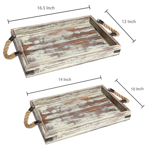MyGift 2 Piece Set Rustic Torched Wood and Black Metal Decorative Nesting Serving Trays with Rope Handles for Breakfast in Bed, Coffee Table, Ottoman Decor