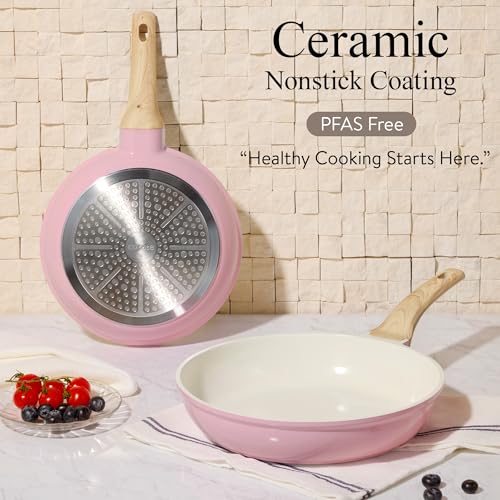 CAROTE Ceramic Cookware Set, 14 PCS Pots and Pans Set Non Stick, Pot and Pan Set with Frying pan, Induction Ready Cooking Set for Kitchen, PFOS/PFOA/PFAS Free, Pink