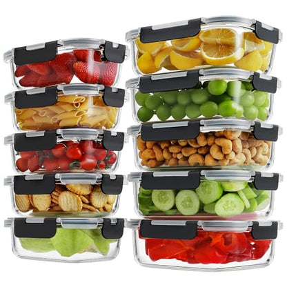 HOMBERKING 10 Pack Borosilicate Glass Meal Prep Containers with Locking Lids, Glass Food Storage Containers Set, Airtight Lunch Bento Boxes, BPA-Free & Leak Proof, 36oz & 14oz, Freezer, Oven Safe