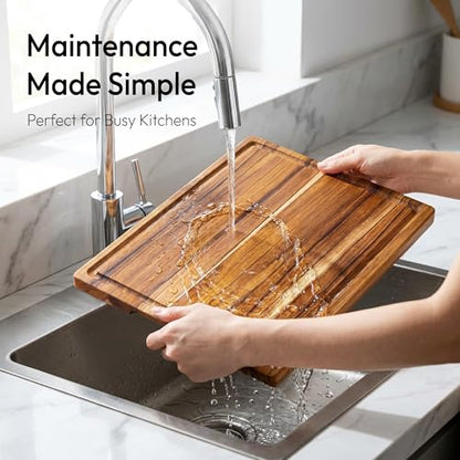 Bellsal 3 Pack Teak Wood Cutting Board Set for Kitchen Charcuterie Board Serving Heavy Duty Non Toxic Slip Over Sink Solid Thick Haus Wooden Chopping Board Large Big Small Meat Kitchen Essential Gift