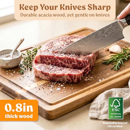 Acacia Wood Cutting Board for Kitchen, Non-Toxic Cutting Board Set of 3, Chopping Boards with Deep Juice Groove for Meat, Cheese & Vegetables - Durable & Double sided with serving Compartments
