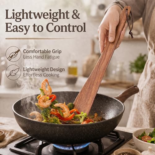 ZenyLumi Wooden Spatula Set of 2, Acacia Wood Cooking Utensils with Thin Angled Edge, Nonstick Safe Wood Turner, Lightweight Kitchen Spatula 10" & 12" for Flipping, Stir Fry, Mixing