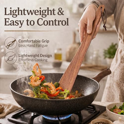 ZenyLumi Wooden Spatula Set of 2, Acacia Wood Cooking Utensils with Thin Angled Edge, Nonstick Safe Wood Turner, Lightweight Kitchen Spatula 10" & 12" for Flipping, Stir Fry, Mixing