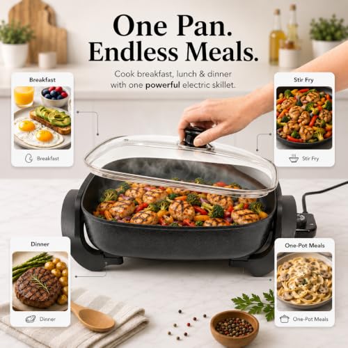 Moss & Stone Square Electric Skillet with Lid, 12-Inch Nonstick Frying Pan