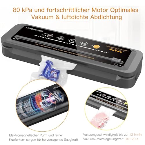 MegaWise Food Vacuum Sealer Machine – High-Power 80kPa Suction, One-Touch Operation, Built-in Cutter – Works with All Food Types, Includes Bags & Hose (Black), Keeps Food Fresh 5x Longer