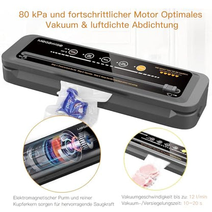 MegaWise Food Vacuum Sealer Machine – High-Power 80kPa Suction, One-Touch Operation, Built-in Cutter – Works with All Food Types, Includes Bags & Hose (Black), Keeps Food Fresh 5x Longer