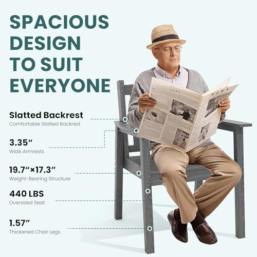 Pamapic 6 PCS Outdoor Dining Set, Spacious HDPE Outdoor Table with 4 Chairs and 1 Bench, Wood Grain Patio Furniture Sets with Elegant Armrest, All-Weather Patio Dining Table with Umbrella Hole, Gray