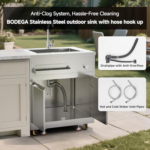 BODEGA Stainless Steel Single bowl kitchen sink Cabinet With hose hookup and Faucet, Outdoor Kitchen Sink with Storage, Brake Wheels & Spice Rack, All-Weather Sink, Use For RV, Yard,Garage,Restaurant.