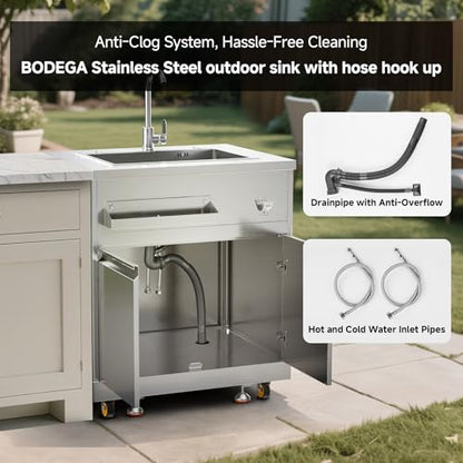 BODEGA Stainless Steel Single bowl kitchen sink Cabinet With hose hookup and Faucet, Outdoor Kitchen Sink with Storage, Brake Wheels & Spice Rack, All-Weather Sink, Use For RV, Yard,Garage,Restaurant.