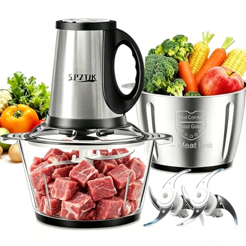 SPZTJK 3-Speed Electric Food Processor: Meat Grinder, Vegetable Chopper & Baby Food Maker - 300W, 2 Bowls (8 Cup Stainless Steel+8 Cup Glass), Quiet Operation