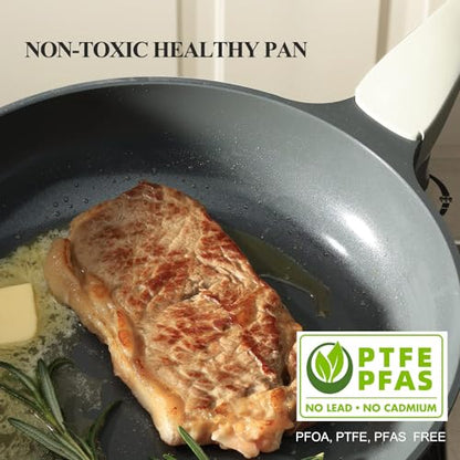 PRICUSIS Nonstick Ceramic Frying Pan with Lid, Non Toxic Skillet, Healthy Egg & Omelet & Chef's Skillet, PTFE PFOA & PFAS Free, Induction Compatible. (10Inch W/L)