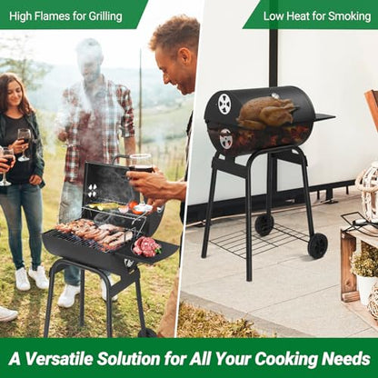 VINGLI Barrel Charcoal Grill with Side Table, BBQ Grill Outdoor Smoker Grill with Wheels for Party Garden Patio and Backyard Cooking 33.9"D x 20.5"W x 40.6"H