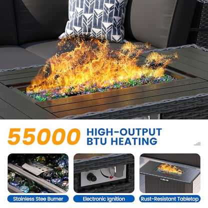 8 Piece Patio Furniture Set with 44” Fire Pit Table with Thickened Cushions