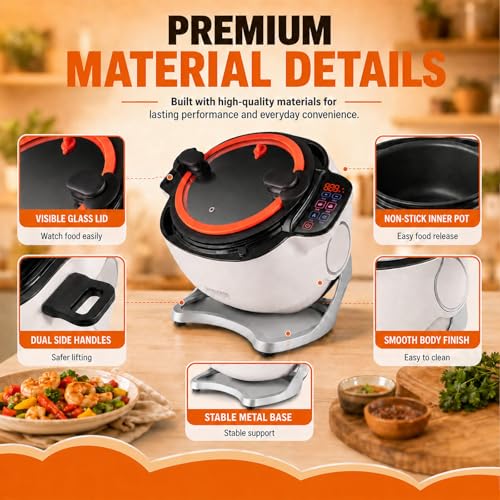 2000w Commercial Food Processor,Automatic Cooking Machine,360° Automatic Stir Fry Pot,6l Non-Stick Drum Wok,Glass Lid,Dual Handles,Auto-Stirring,For Fried Rice,Soup,Home Kitchen