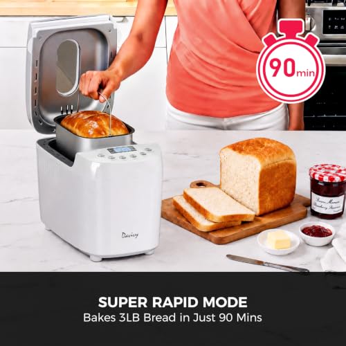 Davivy Bread Maker Machine 3LB with 2 Dough Kneading Paddles,15-in-1 Automatic Large Capacity Bread Machine Nonstick Bowl For Bread, Jam& Yogurt, 3 Loaf Sizes and 3 crust settings（silver，1.5kg）