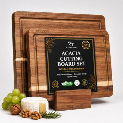 Acacia Wood Cutting Boards for Kitchen, Non-Toxic Cutting Board Set of 2, Chopping Boards with Deep Juice Groove for Meat, Cheese & Vegetables - Eco-Friendly & Medium & Small Sizes