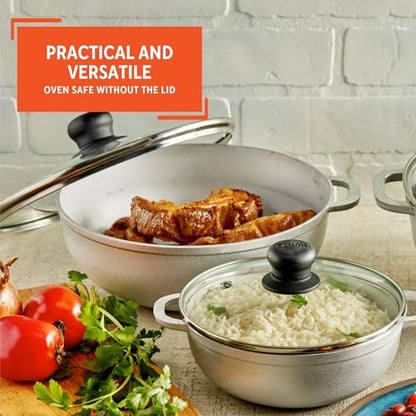 IMUSA Caldero Stock Pot with Glass Lid 3pc Set, 1.5/2.5/5.2qt, Cast Aluminum, Perfect for Serving Medium & Small Groups, Riveted Handles, Made in Colombia, Silver.