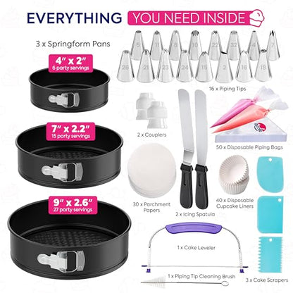 Riccle 148PCs Cake Pan Set for Baking, 3 Non-Stick Springform Pan Set (4, 7, 9 Inches), Cake Decorating Kit, Piping Bags and Tips Set, Cake Leveler, Multi-functional Leak-Proof CheeseCake Pan (148)