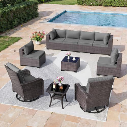 RTDTD 10 Pieces Outdoor Patio Furniture Set,Outdoor Sectional Furniture All Weather PE Rattan Wicker Patio Conversation Set with Coffee Table,Swivel Rocking Chairs Set,Grey