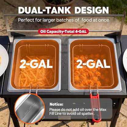 Feasto Outdoor Propane Deep Fryer with Rolling Cart, Dual Tank Fish Fryer with 2 Independent Burners, 100,000 BTU, 4-Gal Oil Capacity, Frying Station with Baskets for Fish, Fries & Chicken