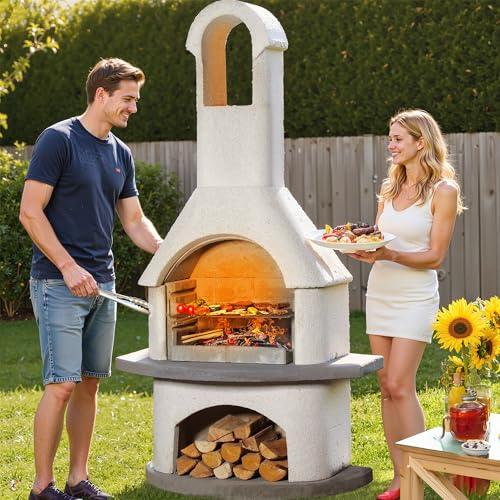 BIG HORN PRIME Concrete Outdoor Fireplace with Grill, Wood Burning Fireplace with Wood Storage and Chimney, Include Grill Rack & Charcoal Pan, 79.9”H