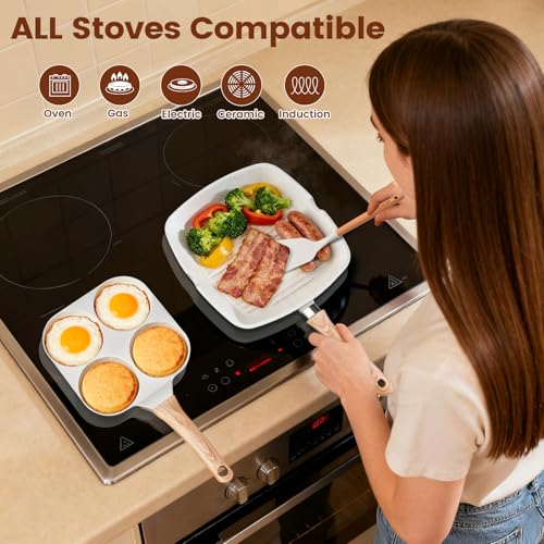 AOSION 27PCS Pots and Pans Set, Nonstick Ceramic Cookware Set, Healthy Kitchen Cooking Set with Gloves, Apron, Silicone Tools & Pot Protectors, Oven & Dishwasher Safe, PFOA/PFOS Free，Ivory