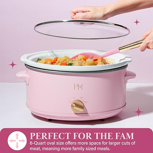 Paris Hilton 6-Quart Manual Slow Cooker, Naturally Nonstick Stoneware Ceramic Insert, Three Settings (Low, High, Warm), Dishwasher Safe Family Size Slow Cooker, Pink