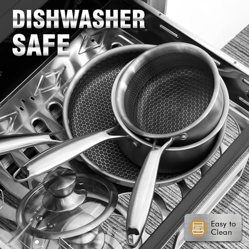 AuFranc™ Hybrid Nonstick 1 Quart Stainless Steel Saucepan with Glass Lid, Induction Sauce Pan with Honeycomb Carving, Non-stick Sauce Pot Compatible with All Cooktops, Dishwasher Safe, Non-Toxic