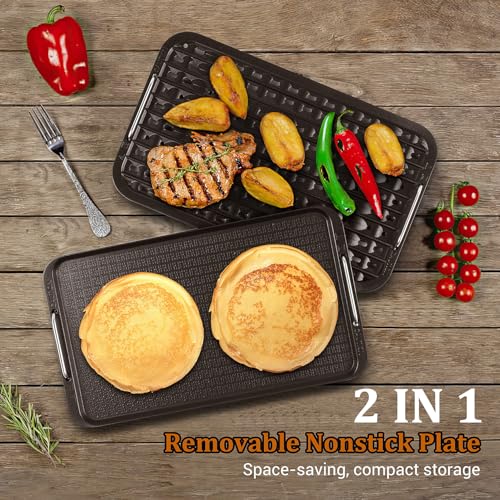 Indoor Smokeless Grill, Techwood 1500W Electric Indoor Grill with Tempered Glass Lid, Portable Non-stick BBQ Korean, Turbo Smoke Extractor Technology, Drip Tray& Double Removable Plate, Black