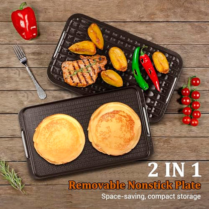 Indoor Smokeless Grill, Techwood 1500W Electric Indoor Grill with Tempered Glass Lid, Portable Non-stick BBQ Korean, Turbo Smoke Extractor Technology, Drip Tray& Double Removable Plate, Black