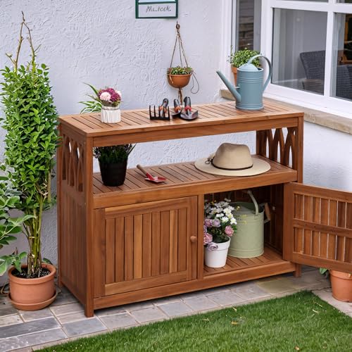 Flamaker Outdoor Storage Cabinet Weatherproof Acacia Wood Outdoor Cabinet with 2 Magnetic Doors Used for Outdoor Storage, Buffet Cabinet, TV Stand, Bar Table, Potting Table (Brown)
