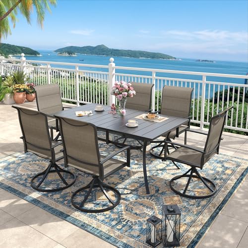 ARKOST Outdoor Dining Set for 6, 59.2" Outdoor Dining Table with Umbrella Hole and Padded Textilene Patio Swivel Chairs, 7 Pieces Patio Table and Chairs Set for Garden Backyard, Mixed Brown and Black