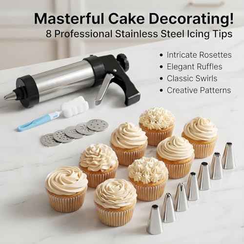 Stainless steel cookie press, cookie press gun set with 13 cookie press plates, a sponge brush and 8 piping nozzles, ideal for DIY Christmas cookies and decorative cookie nozzles, gift for women