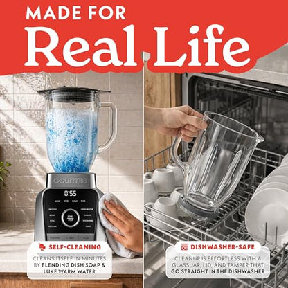 Gourmia Countertop Blender – 8 Blend Programs, 4 Speeds, Pulse and Manual Mode, 56oz Pitcher, Digital Display with Integrated Timer, Round-Plated Tamper, Dishwasher-Safe Parts