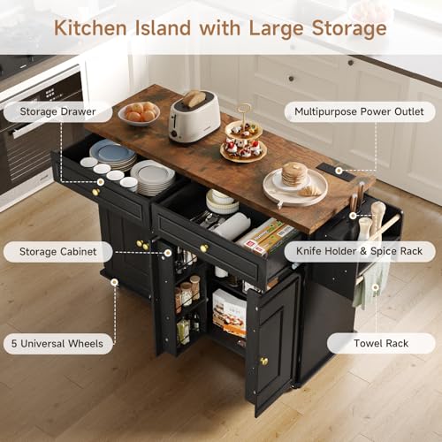 ONBRILL 58" Mobile Kitchen Island, Kitchen Island Cart with Power Outlet, Island Table for Kitchen, Home Bar Carts with Storage, Kitchen Rolling Island with Spice Rack & Towel Rack & Knife Holder