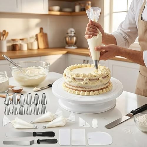 69 Pcs Cake Decorating Set- Includes Cake Stand Turntable,12 Icing Piping Tips Set, 50 Piping Bags, 3 Scrapers, 2 Frosting Spatulas and 1 couplers, Baking Supplies Kit for Home Bakers and Professional