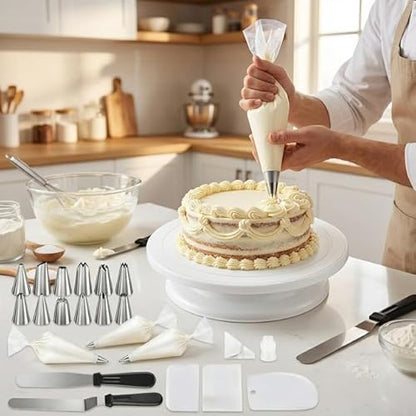 69 Pcs Cake Decorating Set- Includes Cake Stand Turntable,12 Icing Piping Tips Set, 50 Piping Bags, 3 Scrapers, 2 Frosting Spatulas and 1 couplers, Baking Supplies Kit for Home Bakers and Professional