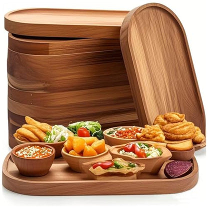 Wood Tray Set of 6, Oval Acacia Wood Serving Board Bulk, Small Charcuterie Boards, Wooden Serving Platters for Cheese Bread Fruit Dessert Tea, Kitchen Dining Catering Trays