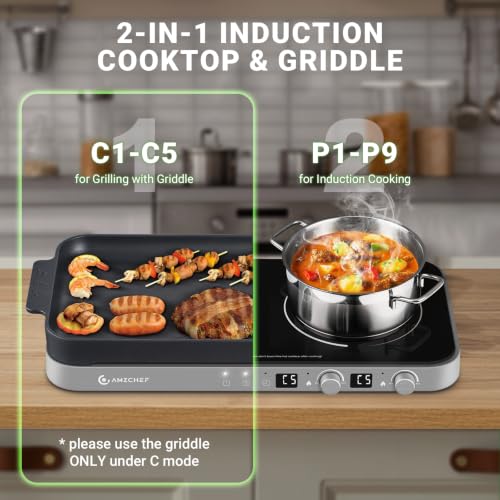 AMZCHEF Double Induction Cooktop, 1800W 2 Burner with Griddle Pan, Grey