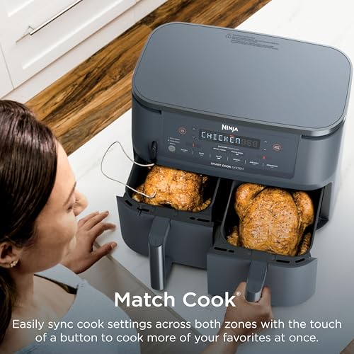 Ninja Foodi Air Fryer w/Smart Cook Thermometer | 6-in-1 Air Fry, Roast, Bake, Dehydrate & More | DualZone™ Match Cook & Smart Finish, 2 Independent Baskets | XL 10 Qt, Stainless Steel | Grey,DZ550GY