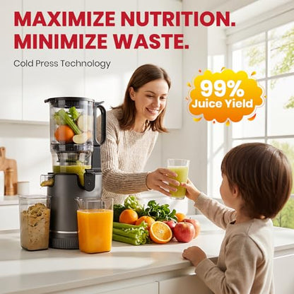 Laudlife Cold Press Juicer with 5.9" Wide Feed Chute, Integrated 100oz Capacity Hopper & Strainer Design, Easy Clean & BPA Free, Slow Masticating Juicer Machines for Whole Fruits Vegetables