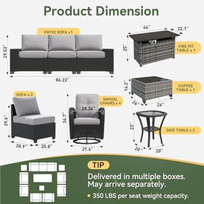 Aoxun 13-Piece Widen Armrests Patio Furniture Set with 44" Fire Pit Table