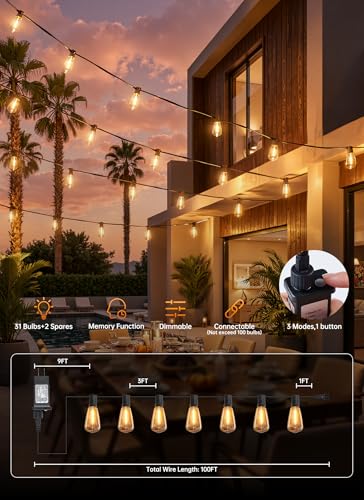 Minetom 100FT Outdoor-String-Lights with Remote, 31+2 Shatterproof ST38 LED Bulbs, Waterproof Patio Lights with 3 Modes, Dimmable & Connectable 2700K Hanging Lights for Backyard Porch Deck Balcony