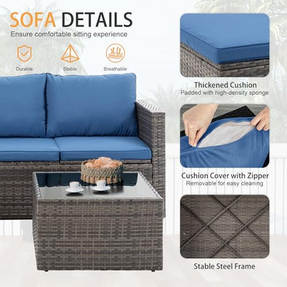 Shintenchi Outdoor Sectional Patio Furniture Set 4-Piece, All-Weather PE Rattan Sofa Couch with Cushions & Storage Coffee Table for Yard, Garden, Porch, Poolside (Blue)