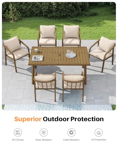 SEEHILL 7-Piece Patio Dining Set, Never-Rust Aluminum Outdoor Dining Set for 6, Rectangular Outdoor Table and Chairs Set with Washable Cushions, Patio Furniture Set for Poolside, Deck, Backyard, Teak